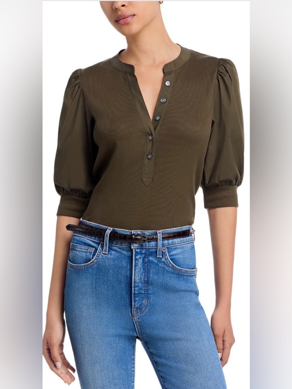 Veronica Beard Coralee Henley Top in Cypress - Picture 2 of 9